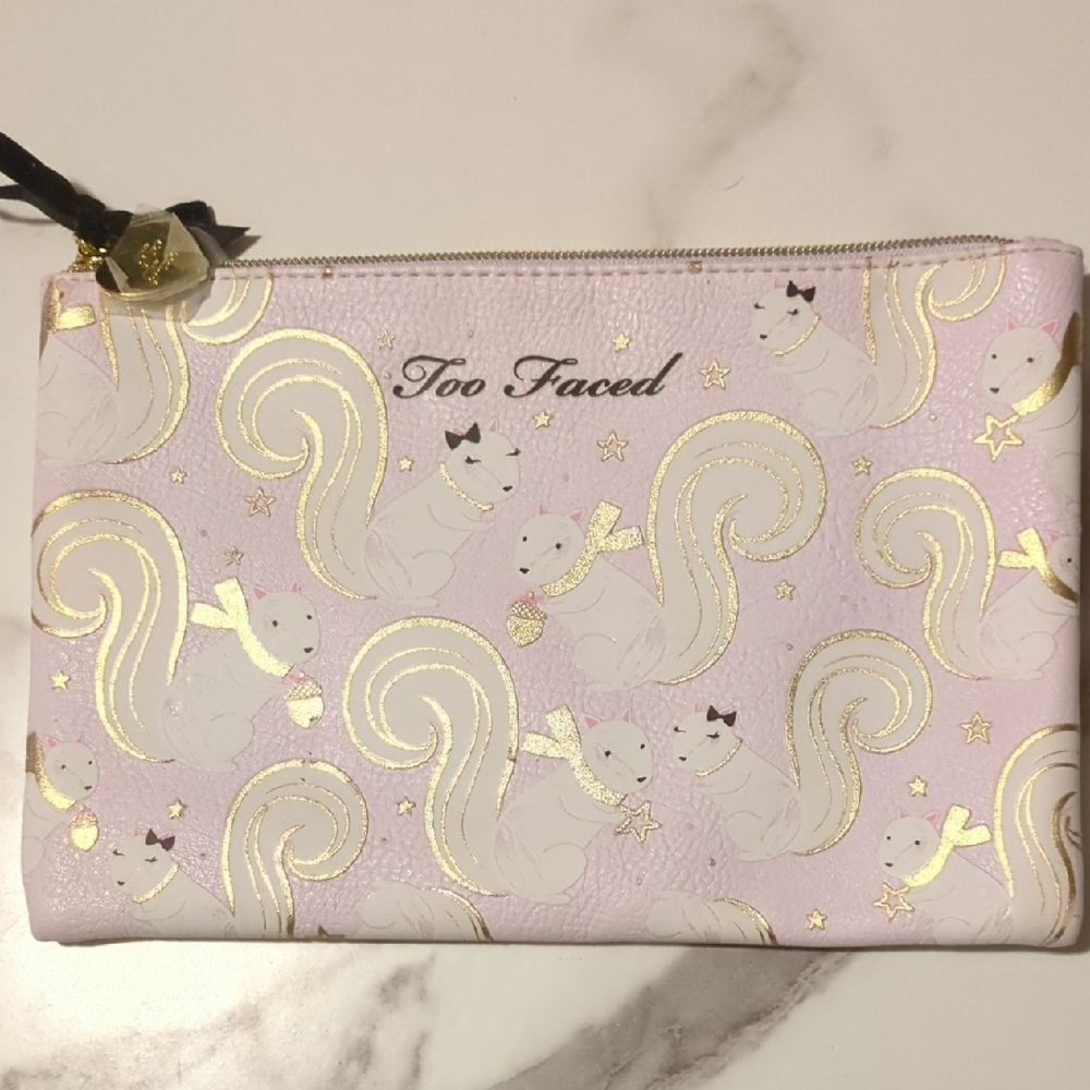 Too Faced Pink Pouch with Gold Squirrel Design